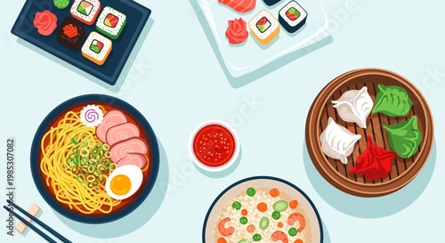 Top View Asian Food Illustration, Japanese Ramen Bowl, Sushi Set, Chinese Dim Sum Dumplings, and Shrimp Fried Rice Flat Vector