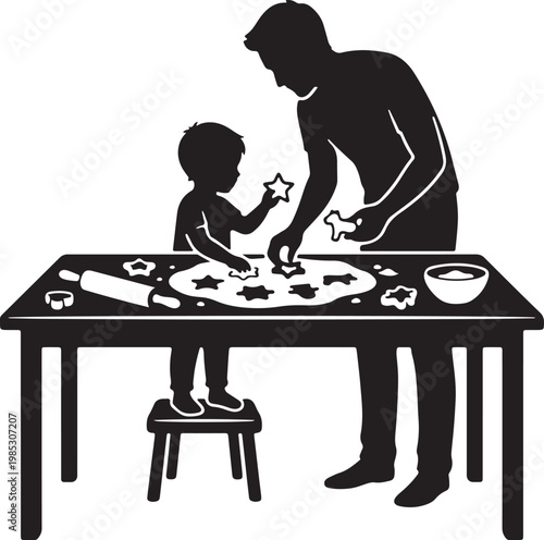 vector of a parent and child using cookie cutters on rolled dough, cooking with family