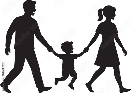 vector of family of three walking cheerfully while holding hands, father mother and son