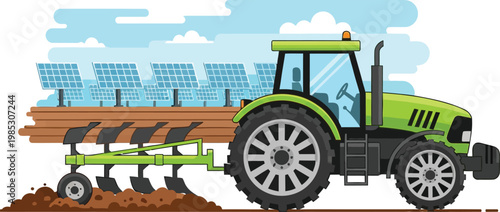 Green Tractor Plowing Field with Solar Panels Background Flat Vector Illustration