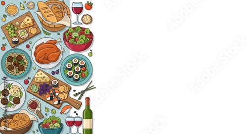 International Food Frame Background with Copy Space, Doodle Illustration of Roasted Chicken, Sushi, Pasta, Cheese, and Wine