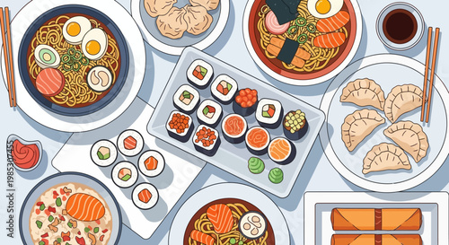 Top View Vector Illustration of Asian Food Set, Ramen, Sushi, Dim Sum, and Gyoza.