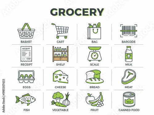 A comprehensive collection of sixteen minimalist grocery and supermarket line icons featuring shopping equipment, dairy products, and fresh food symbols with green accents