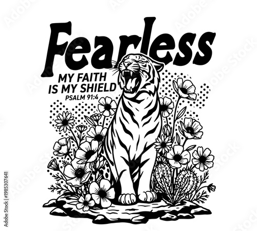 Fearless Tiger's Strength: A striking black and white depiction of a fearless tiger, roaring with open mouth.