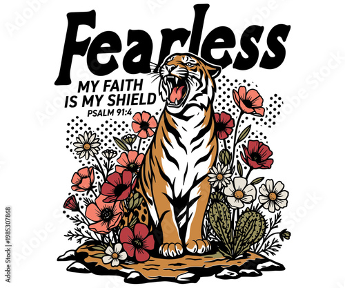 Fearless Tiger: A fearless tiger, its roar echoing strength, stands as a testament to courage. With the words My Faith Is My Shield .
