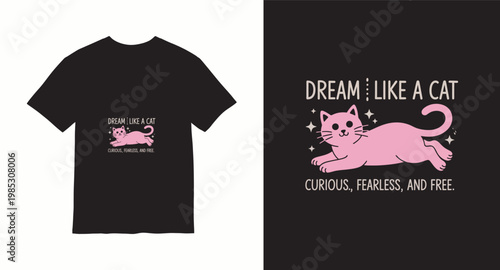 Retro dream like a cat t-shirt design featuring pink cat illustration with stars for casual apparel.