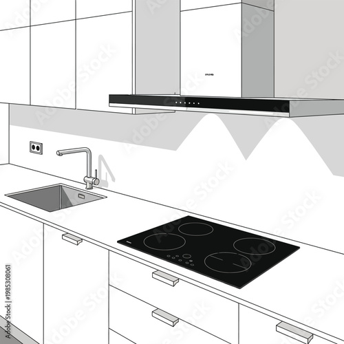 Modern minimalist kitchen interior with induction cooktop sink and extractor hood technical drawing