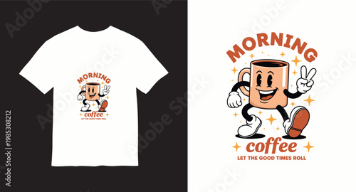 Vintage rubber hose style morning coffee character t-shirt design with smiling mug and peace sign.