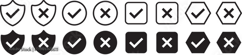Check mark icon set. Check box icon with right and wrong buttons, yes or no checkmark icons. green tick box and red cross symbol.  Check box icon with right and wrong buttons