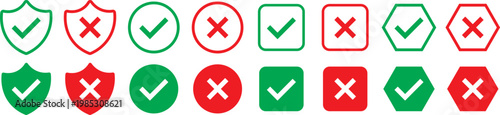 Check mark icon set. Check box icon with right and wrong buttons, yes or no checkmark icons. green tick box and red cross symbol.  Check box icon with right and wrong buttons