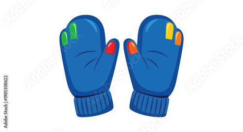 Bright blue winter mittens featuring colorful fingertips designed as a clean vector graphic illustration for seasonal holiday clothing projects