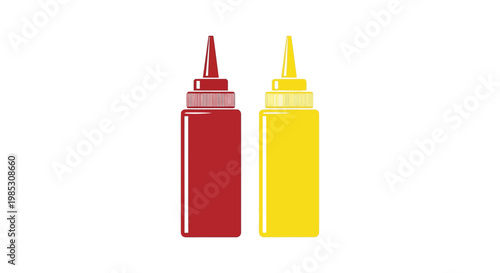 Brightly colored vector illustration featuring iconic red ketchup and yellow mustard squeeze bottles