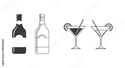 Professional vector illustration of beer bottles and martini cocktail glasses for bar menu design and creative beverage branding projects