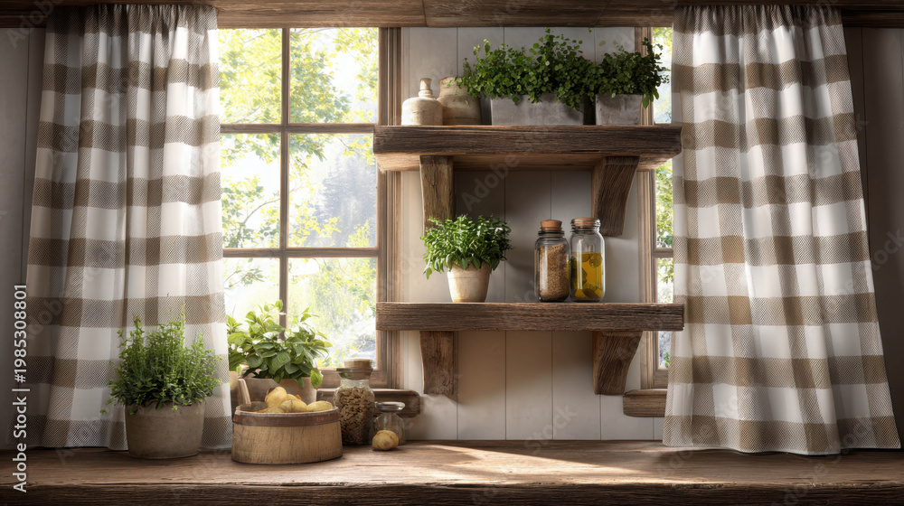 Fototapeta premium A cozy kitchen window with herbs and spices. The window offers a beautiful view, and the checkered curtains add a touch of warmth. The wooden shelves display herbs in pots.