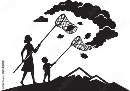 Mother and child harvesting cotton candy clouds with nets