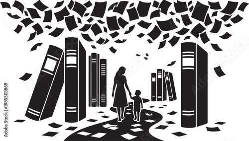 Mother and child walking through forest of giant books