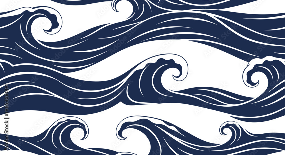 Fototapeta premium Abstract Dark Blue Waves Pattern on White Background, Ocean Surface