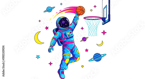 Astronaut playing basketball in space, colorful planets and stars, dunking action
