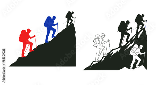 Climbing Mountain Silhouette Vector - Adventure, Hiking, Success, Teamwork
