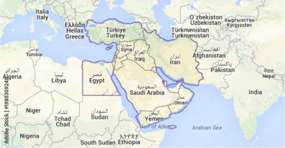 Fototapeta premium Middle East Map with Countries Highlighted, Geographic Boundaries