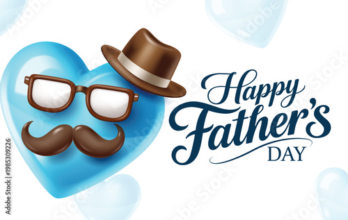 Happy Father's Day Horizontal Banner With Blue Heart Brown Hat Eyeglasses And Mustache Vector