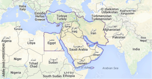 Middle East Map with Countries Highlighted, Geographic Boundaries