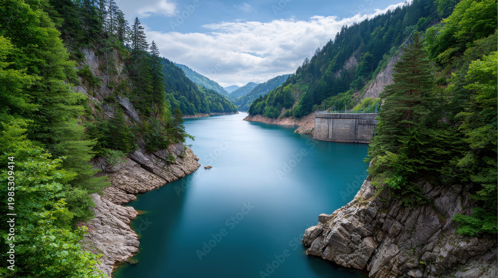 Fototapeta premium A picturesque view of a serene lake surrounded by mountains and lush trees