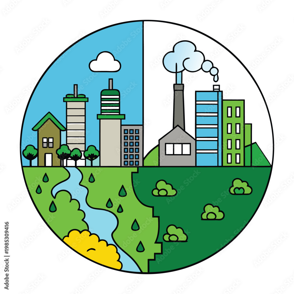 Fototapeta premium A green city thrives with trees, clean air, and sustainable living, while a polluted city struggles with smog, waste, and noise, impacting health, nature, and overall quality of life.