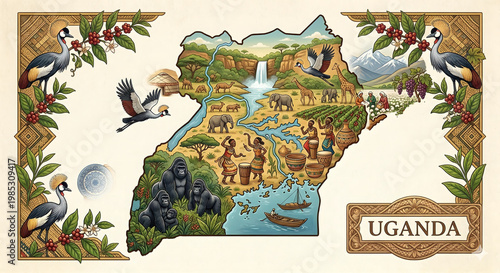 Illustrated Map of Uganda Featuring Cultural Heritage Wildlife and Nature Landmarks
