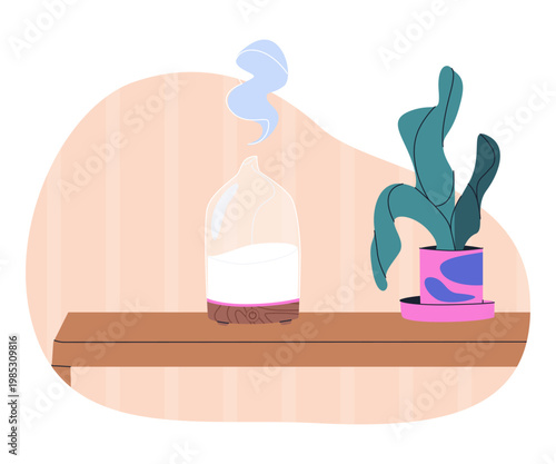 Modern air washer and humidifier with houseplant, home climate control technology for respiratory health, clean atmosphere household appliances,interior illustration for blog, web design, AD