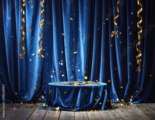 Blue Velvet Curtain With Gold Confetti and Ribbons Falling Festive Stage Celebration Background