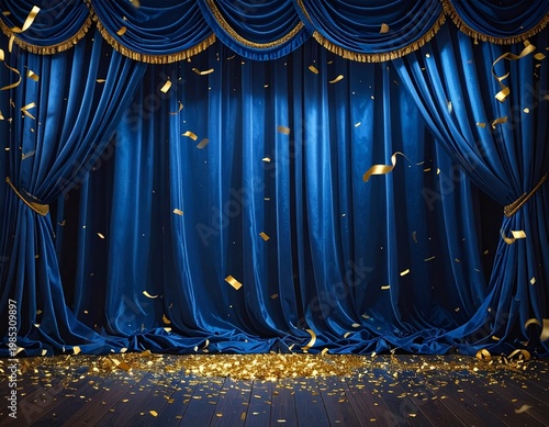 Blue Velvet Curtain With Gold Confetti and Ribbons Falling Festive Stage Celebration Background