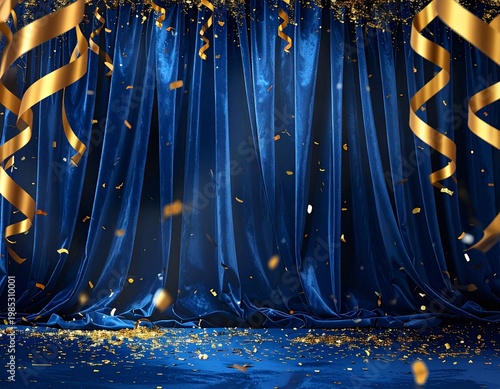 Blue Velvet Curtain With Gold Confetti and Ribbons Falling Festive Stage Celebration Background