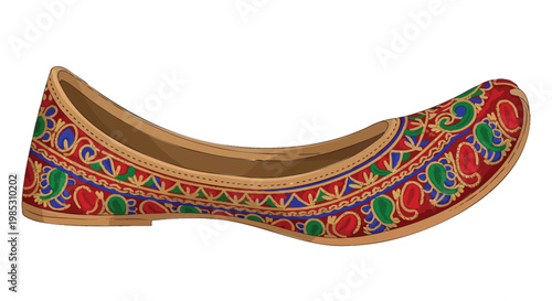 Traditional punjabi phuddy jutti shoe with colorful embroidery and ornate design on white background