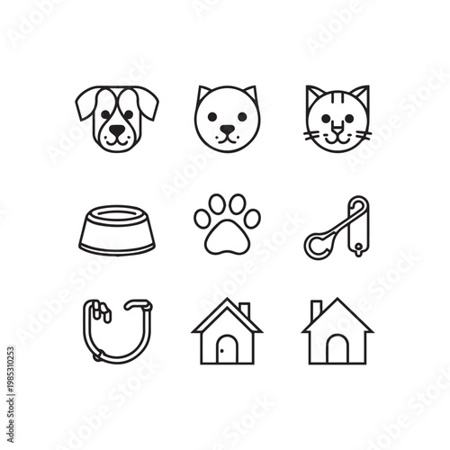 A delightful collection of pet care essentials and beloved animal companions in charming line art