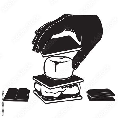 Hand making a s'more with graham crackers chocolate, s more