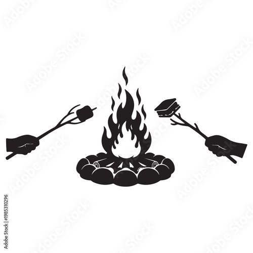 Hands roasting marshmallows over a campfire with roasting