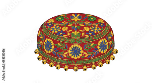 Vibrant embroidered bridal phuddy hat with floral patterns and tassels on white background