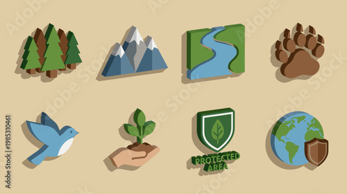 A set of 3D isometric icons about nature and conservation for environmental protection concepts