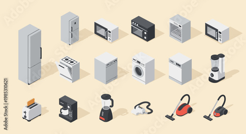 3D isometric set of household appliances: icons for kitchen, laundry, and cleaning equipment