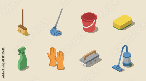 3D isometric arrangement of essential tools and supplies for house cleaning and maintenance