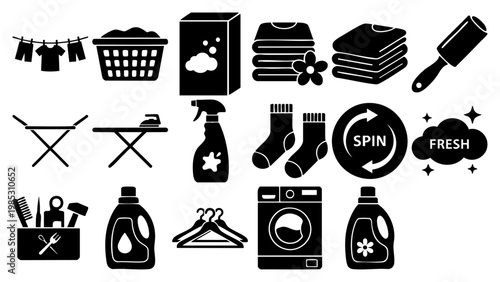 Silhouette Icon Set of National Laundry Day  Flat Vector Illustration on Transparent Background