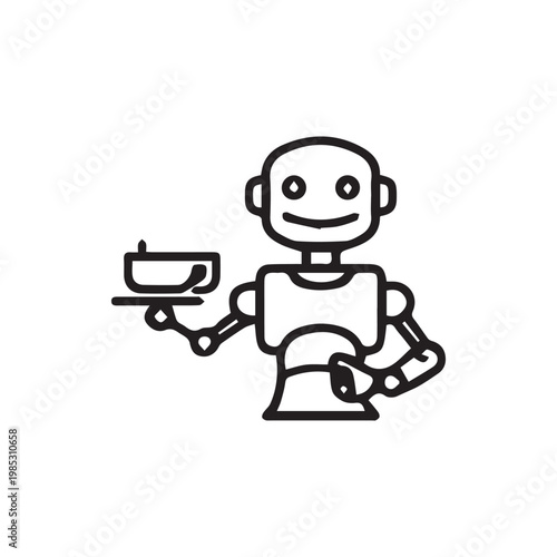 A friendly service robot icon delivering a cup of tea or coffee on a tray for futuristic hospitality