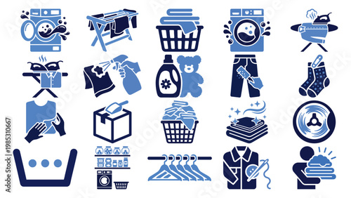Two Color Icon Set of National Laundry Day  Flat Vector Illustration on Transparent Background
