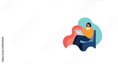 Young woman sitting on a comfortable sofa and working remotely on her laptop computer against an abstract background of soft organic shapes.