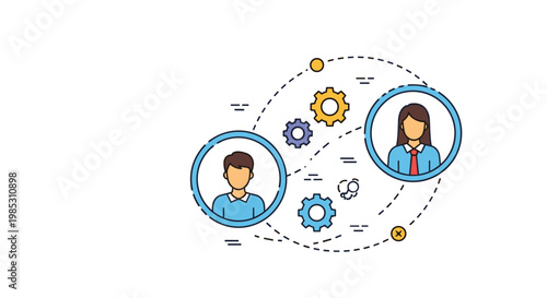 Two user profile icons connected by mechanical gears and dashed lines to represent professional teamwork, collaboration, and shared work.