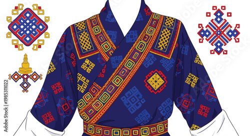 Vibrant blue embroidered traditional garment with colorful geometric patterns and designs on white background
