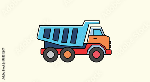 Colorful dump truck illustration for construction or children toy themes featuring a blue bed and orange cab on a beige background.