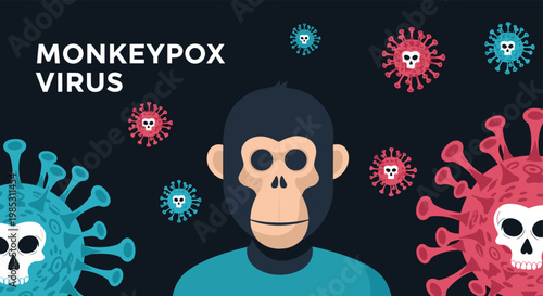 Educational illustration of the monkeypox virus featuring a primate character surrounded by stylized virus cells containing skull icons.