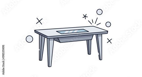 Modern minimalist gray office desk or work table illustration with clean lines and decorative geometric accents on a white background.